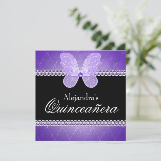 Butterfly Diamonds Paars Quinceanera Kaart (Staand voorkant)