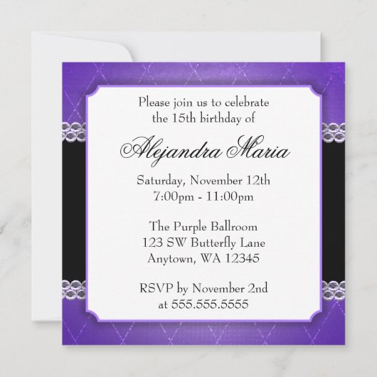 Butterfly Diamonds Paars Quinceanera Kaart (Achterkant)