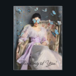 Butterfly Dreams Ik denk aan jou Briefkaart<br><div class="desc">schilderremix van een vrouw die een  witte jurk draagt met pastelblauwe vlinders. Denken aan je groet.</div>