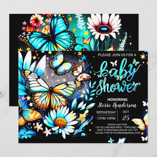 Butterfly Editable Blue Boy Baby shower Kaart (Voorkant / Achterkant)