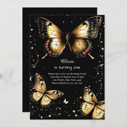 Butterfly eerste verjaardag uitnodiging (Voorkant / Achterkant)