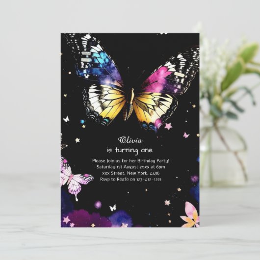 Butterfly eerste verjaardag uitnodiging (Staand voorkant)