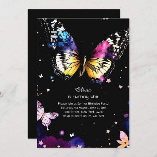 Butterfly eerste verjaardag uitnodiging (Voorkant / Achterkant)