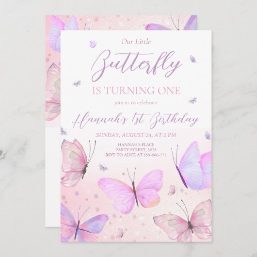 Butterfly eerste verjaardag uitnodiging (Voorkant / Achterkant)