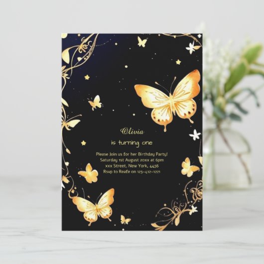 Butterfly eerste verjaardag uitnodiging (Staand voorkant)