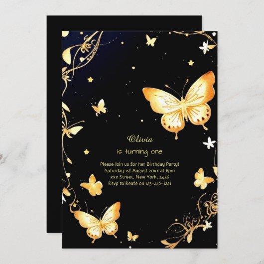 Butterfly eerste verjaardag uitnodiging (Voorkant / Achterkant)