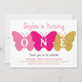 Butterfly Eerste Verjaardag Uitnodiging | Roze en (Voorkant)