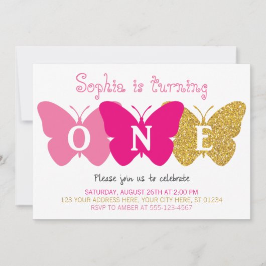 Butterfly Eerste Verjaardag Uitnodiging | Roze en  (Voorkant)