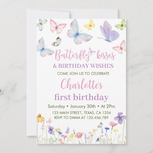 Butterfly Eerste Verjaardag Uitnodiging Wildflower (Voorkant)