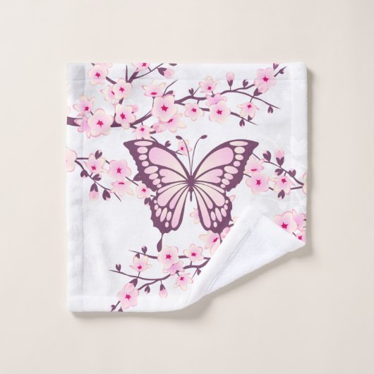 Butterfly en Cherry Blossom Pink White Bad Handdoek (Wasdoekje)