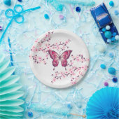 Butterfly en Cherry Blossom Pink White Papieren Bordje (Feest)