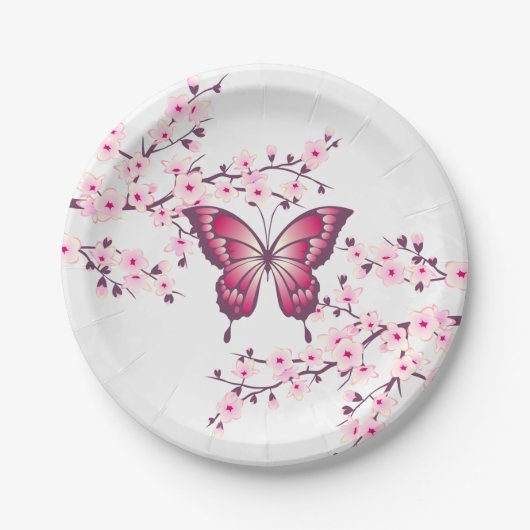 Butterfly en Cherry Blossom Pink White Papieren Bordje (Voorkant)