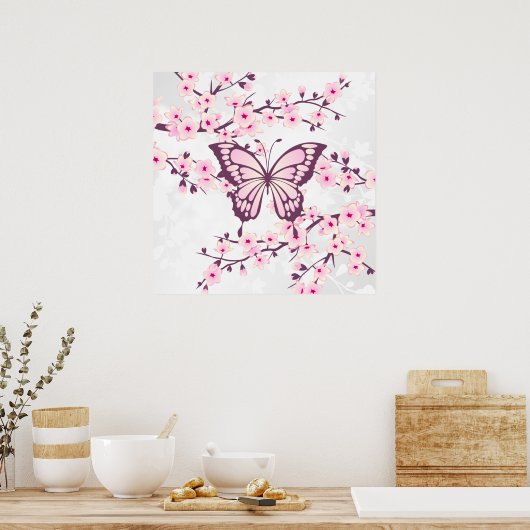 Butterfly en Cherry Blossom Pink White Poster (Keuken)
