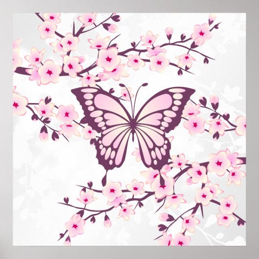 Butterfly en Cherry Blossom Pink White Poster (Voorkant)