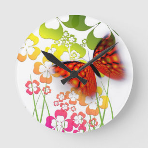 Butterfly en Flowers Wall Clock Ronde Klok