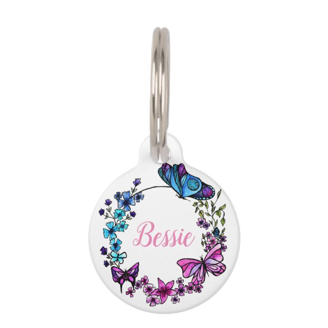 Butterfly en Flowers Wreatcustom quote of name Huisdierpenning (Voorkant)