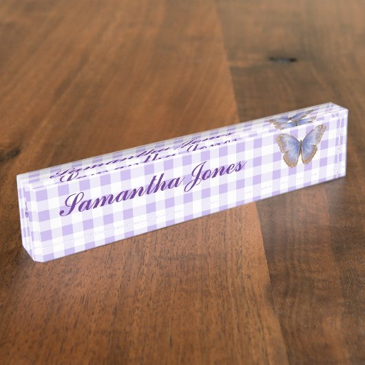 Butterfly en Gingham Desk Name Bord Naambordje (Zijkant)