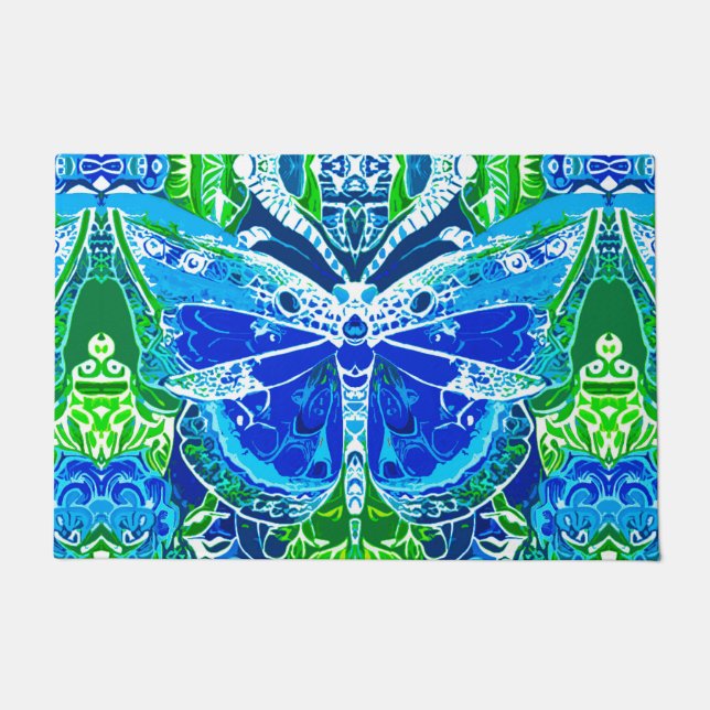 Butterfly en Medallion Batik Pattern in Blue Deurmat (Voorkant)