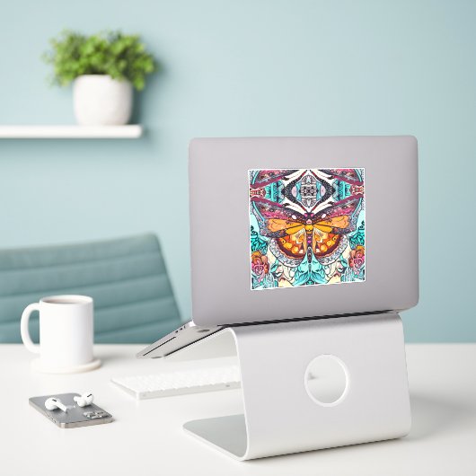 Butterfly en Medallion Batik Pattern in Oranje Sticker (Laptop op bureau)