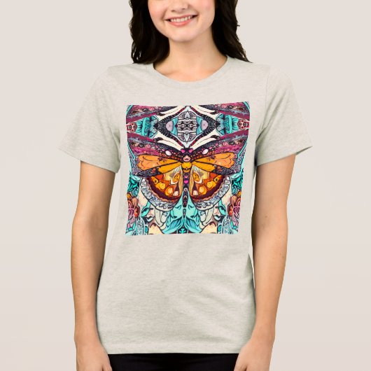 Butterfly en Medallion Batik Pattern in Oranje Tri-Blend Shirt (Voorkant)