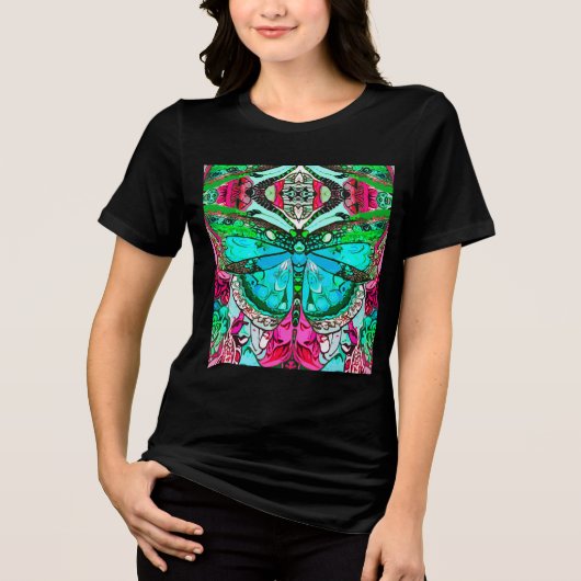 Butterfly en Medallion Batik Pattern in Turquoise Tri-Blend Shirt (Voorkant)