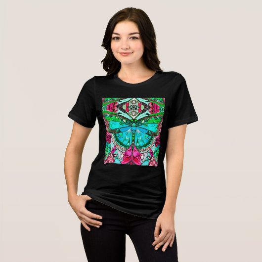 Butterfly en Medallion Batik Pattern in Turquoise Tri-Blend Shirt (Voorkant volledig)