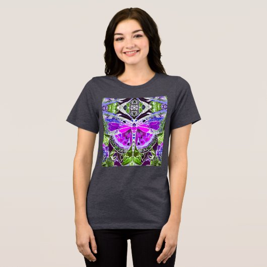 Butterfly en Medallion Batik Pattern in Violet Tri-Blend Shirt (Voorkant volledig)