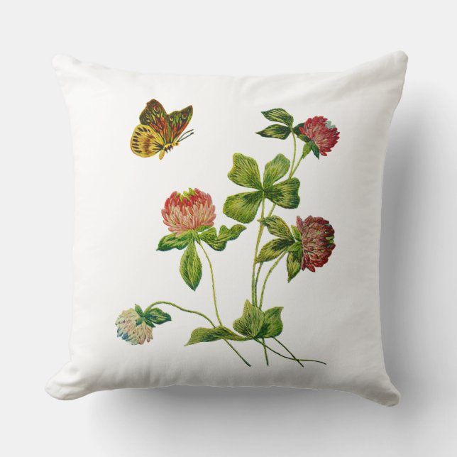 Butterfly en Red Clover Faux Embroidery Pillow Kussen (Voorkant)