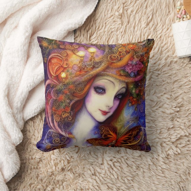 Butterfly en tuingodin in Waterverf Blues Kussen (Deken)