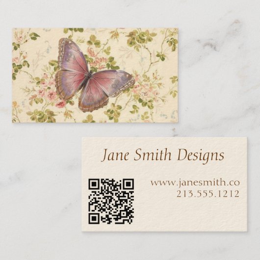 Butterfly en wijnstokken Shabby Chic QR Code Contactkaartje (Voorkant / Achterkant)