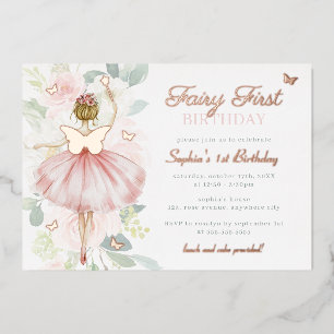 Butterfly Fairy Eerste 1e verjaardag Goud Folie Uitnodiging