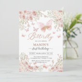 Butterfly Fairy Pink Girl Birthday Invitation Kaart (Staand voorkant)