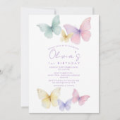 Butterfly First Birthday Girl  Invitation Kaart (Voorkant)