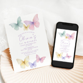 Butterfly First Birthday Girl  Invitation Kaart