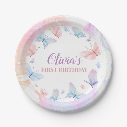 Butterfly First Birthday Girl Paper Borden Papieren Bordje (Voorkant)