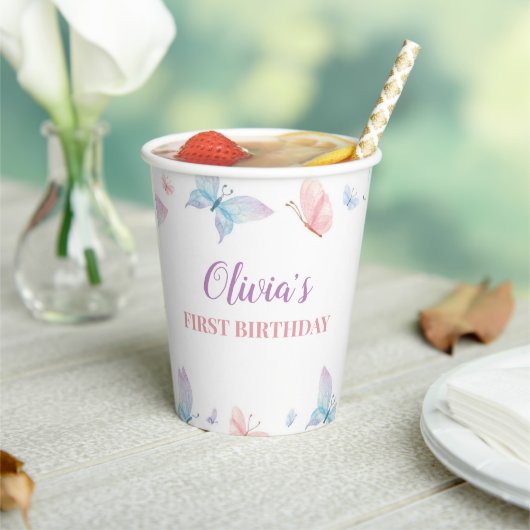 Butterfly First Birthday Girl Whimsical Papieren Bekers (Insitu)