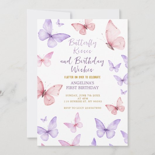 Butterfly First Birthday Invitation Girl Kaart (Voorkant)