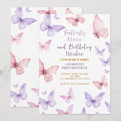 Butterfly First Birthday Invitation Girl Kaart (Voorkant / Achterkant)