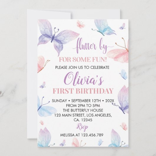 Butterfly First Birthday Invitation Girl Whimsical Kaart (Voorkant)