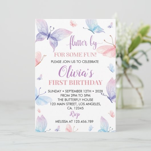 Butterfly First Birthday Invitation Girl Whimsical Kaart (Staand voorkant)
