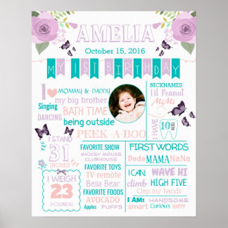 Butterfly Flora First 1st Birthday sign poster