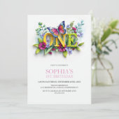 Butterfly Floral 1st Birthday Party Kaart (Staand voorkant)