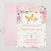 Butterfly Floral Baptism Invitation Kaart (Voorkant / Achterkant)