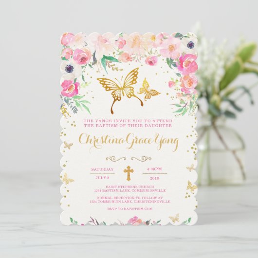Butterfly Floral Baptism Invitation Kaart (Staand voorkant)