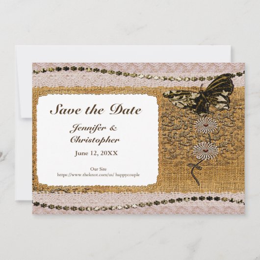Butterfly Floral Beads Lace & Burlap Foto toevoege Save The Date (Voorkant)