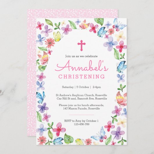 Butterfly floral Christening Baptism Invitation Kaart (Voorkant / Achterkant)