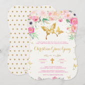 Butterfly Floral Christening Invitation Kaart (Voorkant / Achterkant)