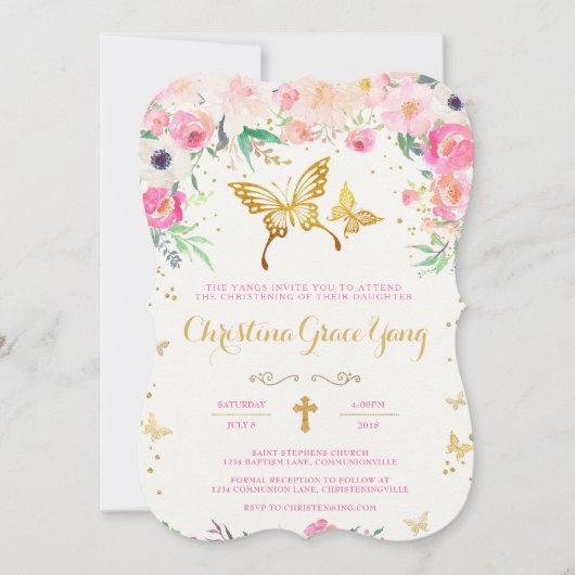 Butterfly Floral Christening Invitation Kaart (Voorkant)
