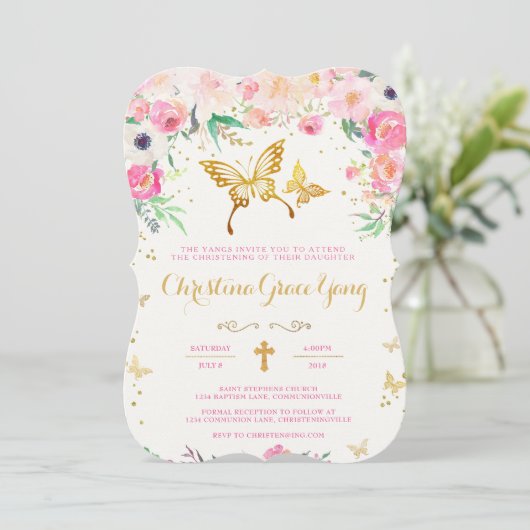 Butterfly Floral Christening Invitation Kaart (Staand voorkant)