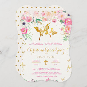 Butterfly Floral Christening Invitation Kaart
